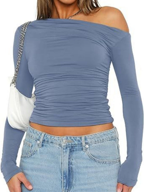 Y2K Asymmetrical Sloping Shoulders Crop Top Long Sleeves T-shirts