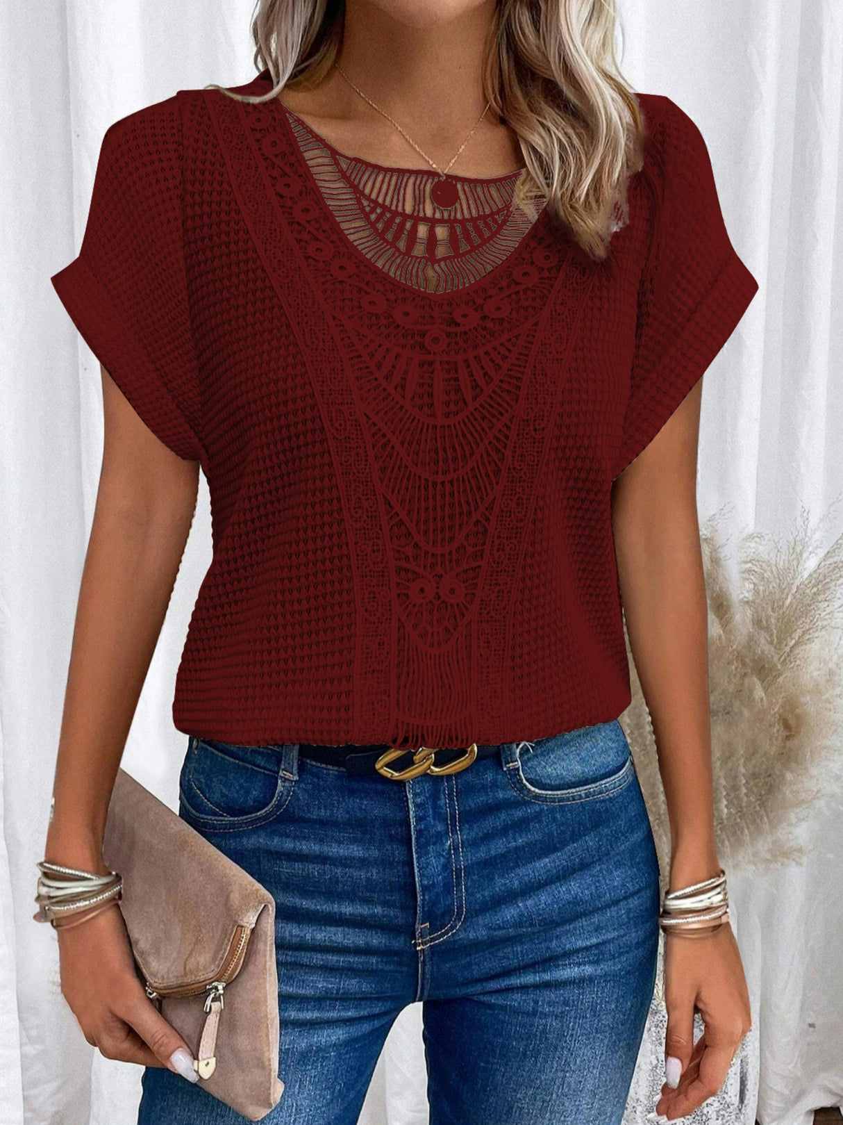 Openwork Lace Crew Neck Patchwork Cropped T-shirt
