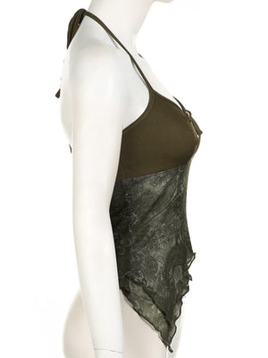 Metal Buckle Pleated Halter Neck And Backless Tank Top