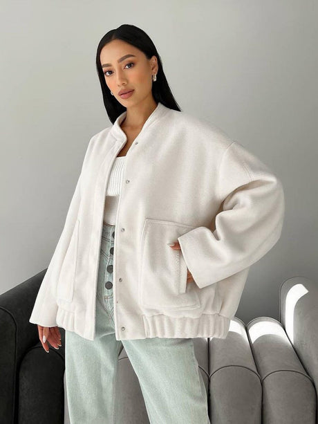 Stand-up Collar, Large Pockets, Button-down, Solid Color Autumn/winter Long-sleeved Jacket