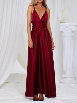 V-neck Satin Ribbon Long Skirt Parties Maxi Dresses