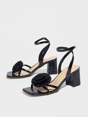 Black Square-toe High-heeled Sandals With 3D Floral Embossing