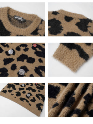 Leopard Metal Badge Loose All-match Crew Neck Sweater