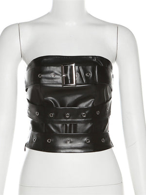 PU Leather Metal Buckle Decoration Strapless Vest