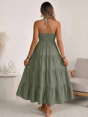 Halter V-neck Drawstring Loose-fit Vacation Maxi Dresses