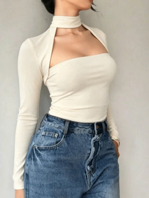 High-neck, Fitted, Faux Two-piece Set, Long-sleeved, Sexy, And Slimming Top