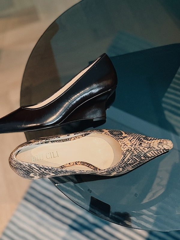 BIUCILI Midnight Phantom Sharp-edged Snakeskin High Heels Elegant And Stylish Wedge Heels