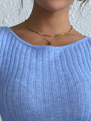 Liber Autumn women's backless knitted long-sleeved pullover short dress