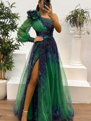 Sloping Shoulders Mesh Printed Reunion Maxi Dresses