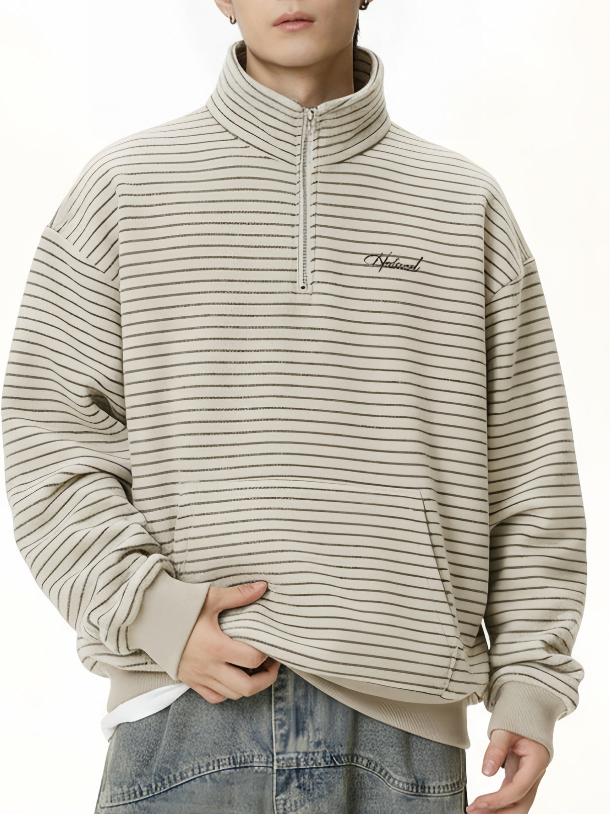 Stripes Stand Collar Half Zipper Letter Embroidery Sweatshirts