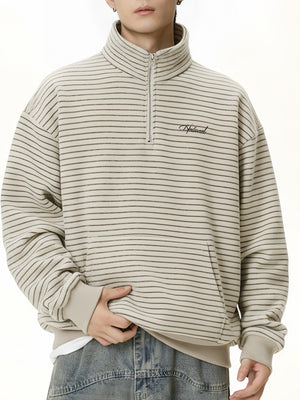 Stripes Stand Collar Half Zipper Letter Embroidery Sweatshirts