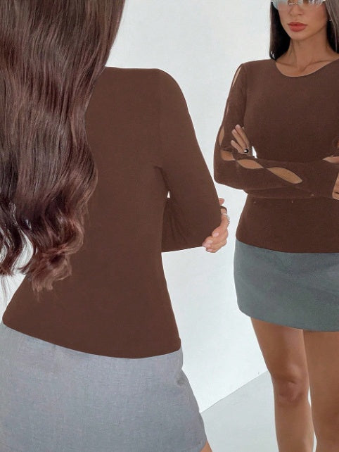 Sexy Long-sleeved Round Neck Solid Color Hollow-out T-shirt