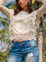Lace Cutout Patchwork Lace Long-sleeved T-shirt