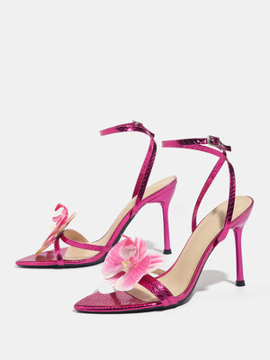 Three-dimensional Floral Rose Red Crisscross Strap Stiletto Sandals