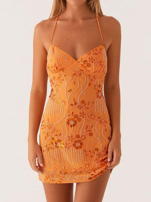 Sequin Beads Spaghetti Strap Backless Tie Sweet Mini&Short Dresses