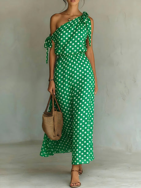 Polka Dots Sloping Shoulders Straps Maxi Dresses
