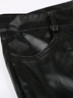 Leather Lace Patchwork Eyelet Buckle Low-rise Bell-bottoms Pants