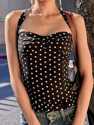 Polka Dots Wavy Lace Chest Pleats Neck Strap Tank Tops&Camis