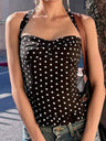 Polka Dots Wavy Lace Chest Pleats Neck Strap Tank Tops&Camis