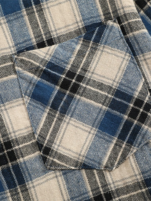 Contrasting Colors Plaid Loose Lapel Raw Edge Buttons Long-sleeved Shirt