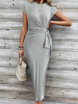Bandage Stripes Crew Neck Short Sleeve Maxi Dresses