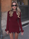 Elegant Solid Color Round Neck Long Sleeve Slim Fit Ruffle Dress