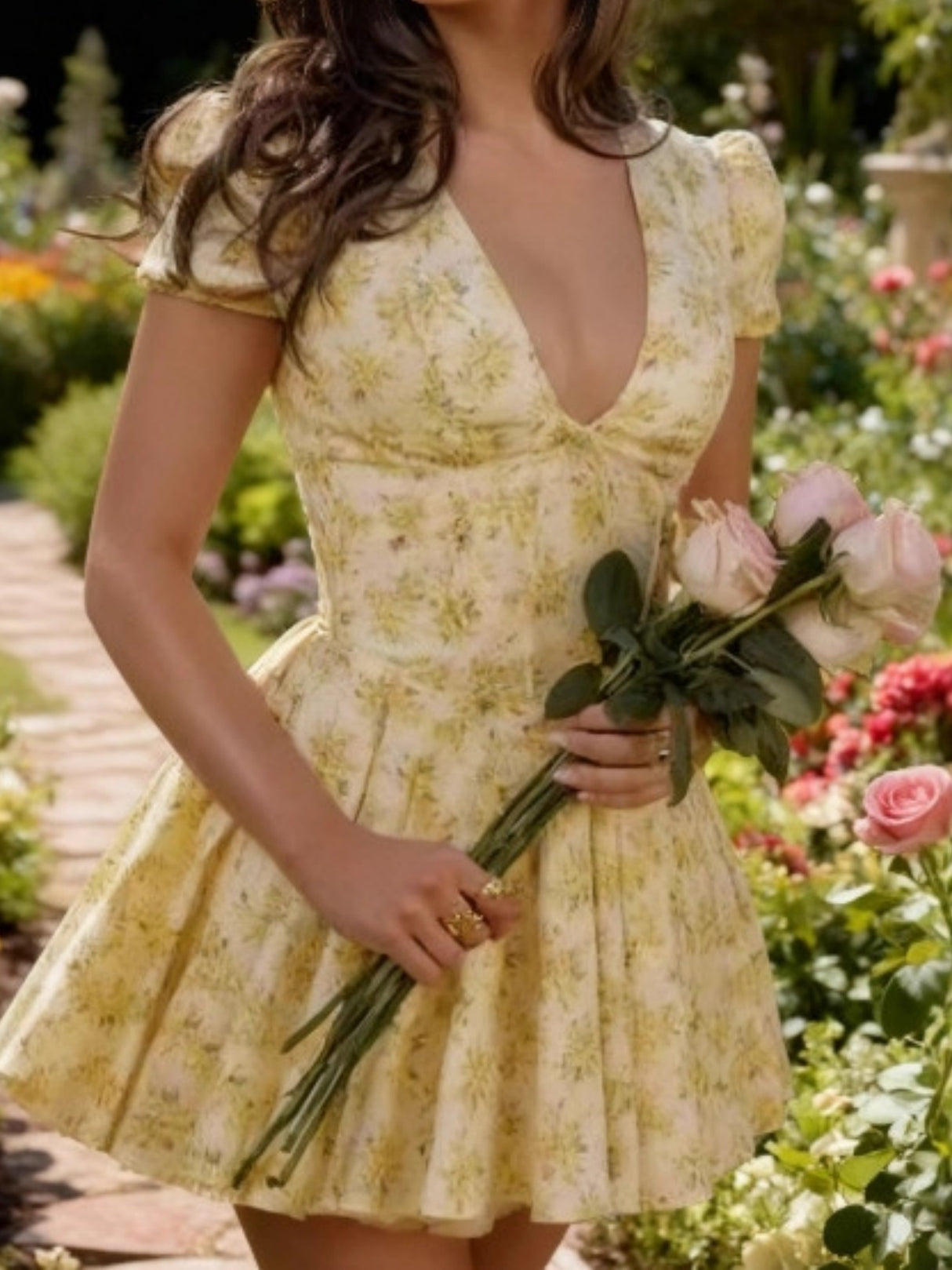 Floral Deep V-neck Waist Puffy Short-sleeved Pleated Mini&Short Dresses