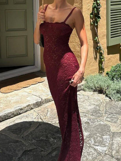 Lace See-through Off-the-shoulder Camisole Waist-cinching And Hip-hugging Maxi Dresses