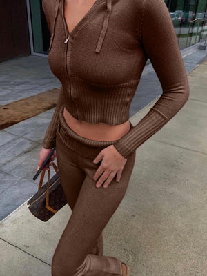 Liber Autumn women's zipper knitted cardigan low waist trousers two-piece set