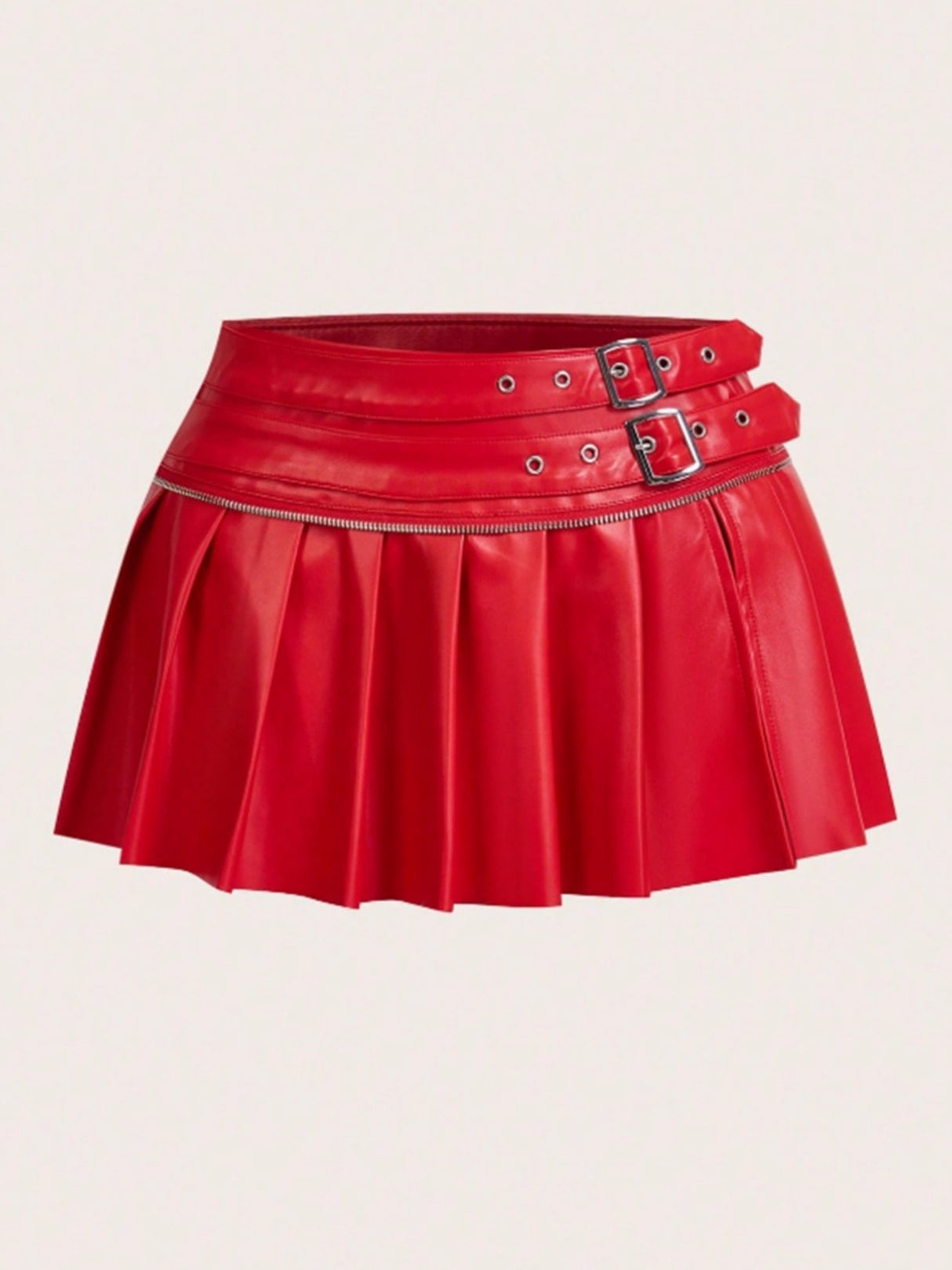 PU High-waisted Slit Belt Decoration Pleated Skirt