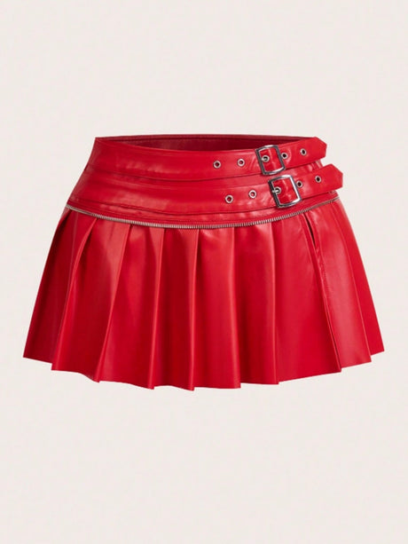 PU High-waisted Slit Belt Decoration Pleated Skirt