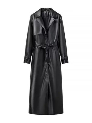 PU Leather Suit Collar Long Windbreaker