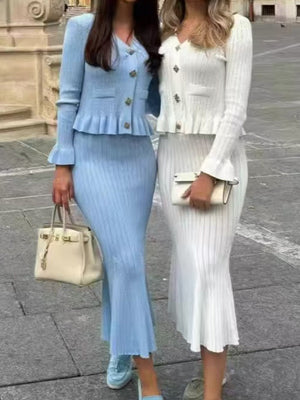Waist Flared Sleeves Knitted Top Fishtail Skirt Workplace 2-piece Sets