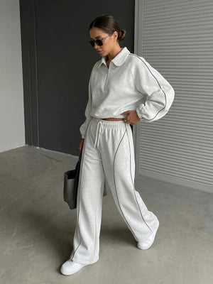 American Retro Color-blocked Striped Tracksuit For Women Two-piece Set: Collared Half-zip Sweatshirt And High-waisted Wide-leg Sweatpants