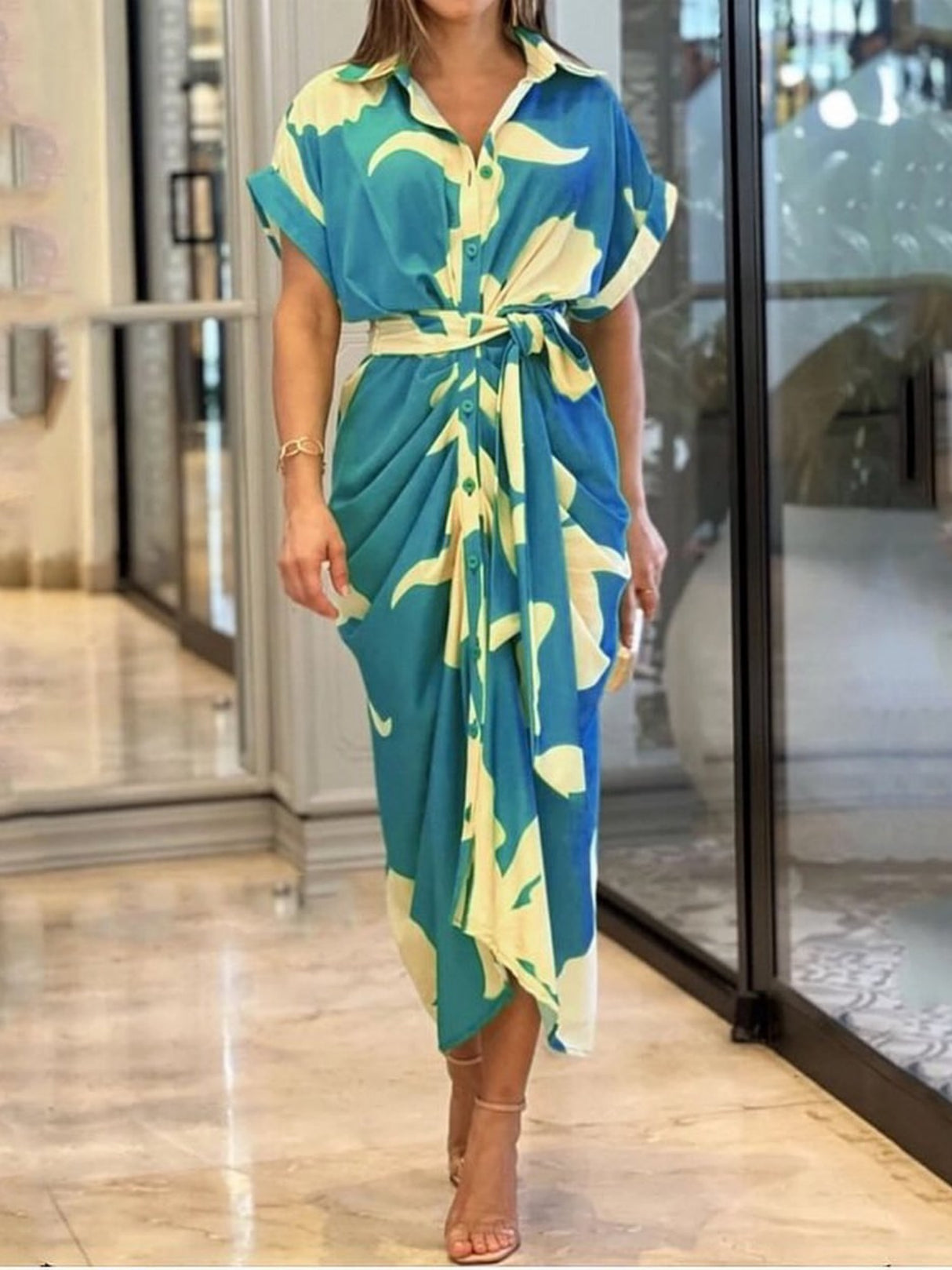 Lapel Shirt Dress Short-sleeved Single-breasted High-waisted Maxi Dresses