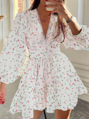 Floral Lace Deep V-neck Waist Puff Sleeve Sweet Mini&Short Dresses