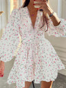 Floral Lace Deep V-neck Waist Puff Sleeve Sweet Mini&Short Dresses
