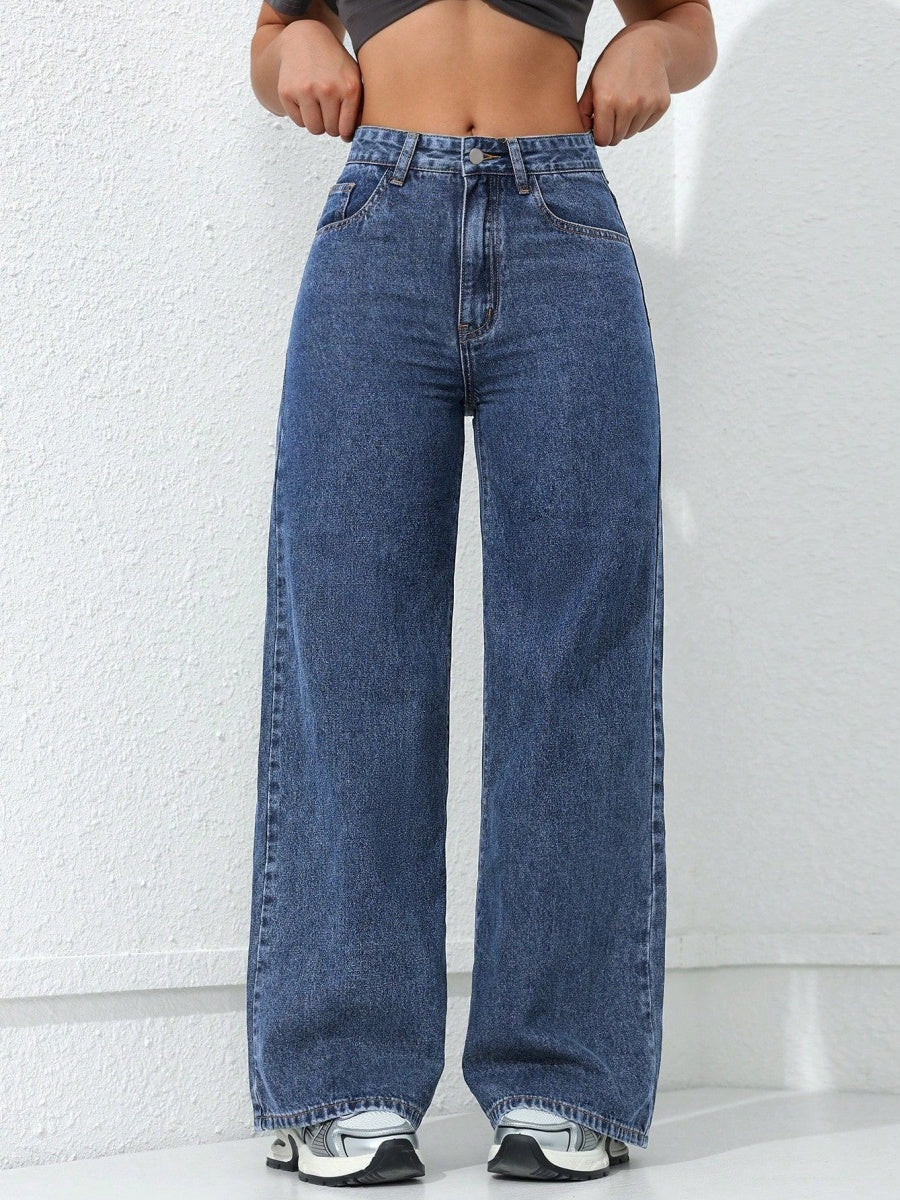 High Waist Wash Water Straight Jeans