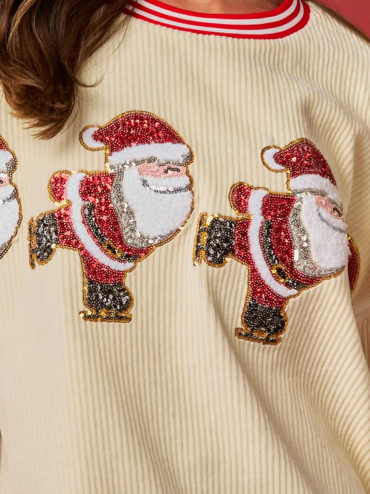 Christmas Sequined Santa Candy Corduroy Sweatshirt Colorblock Striped Top