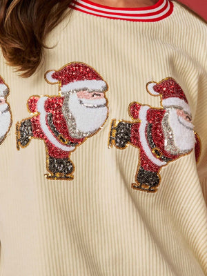 Christmas Sequined Santa Candy Corduroy Sweatshirt Colorblock Striped Top