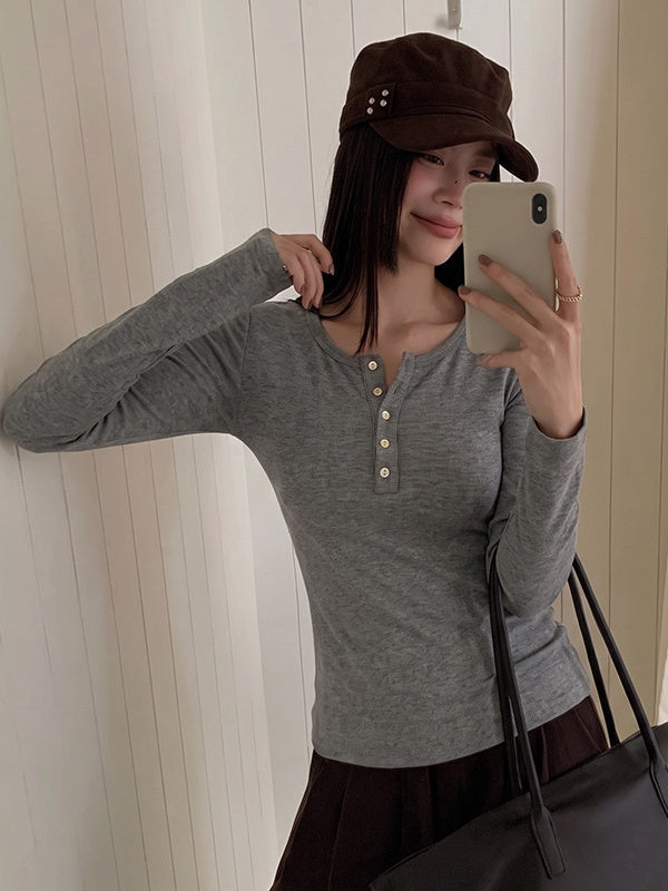 Korean Style Henley Collar Top With Straight Shoulders