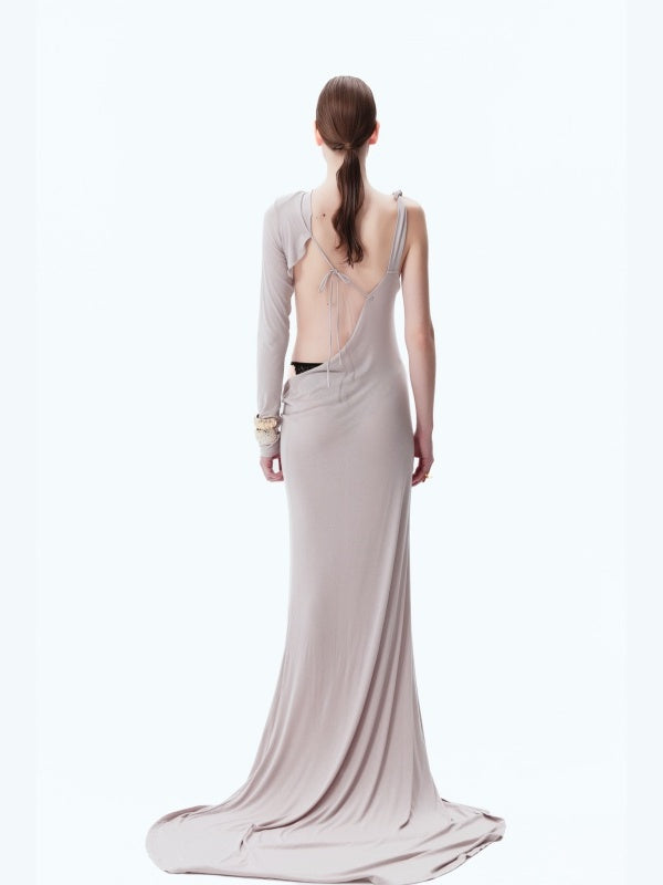 Midriff-baring, Padded-shoulder, One-sleeve, Floor-length Dress