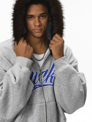 Hooded Embroidery Plush Collar Boxy Short Coat