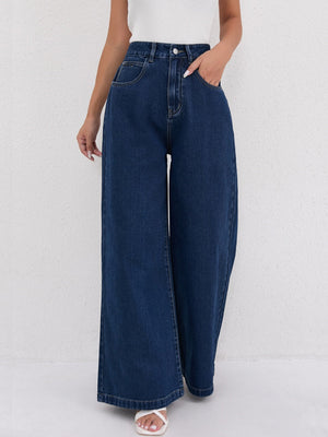 High Waist Dark Blue Wide Leg Mopping Jeans