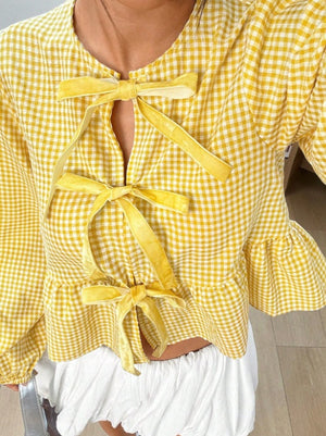 Asian Korean Style Plaid Loose Bow Long-sleeved Shirt