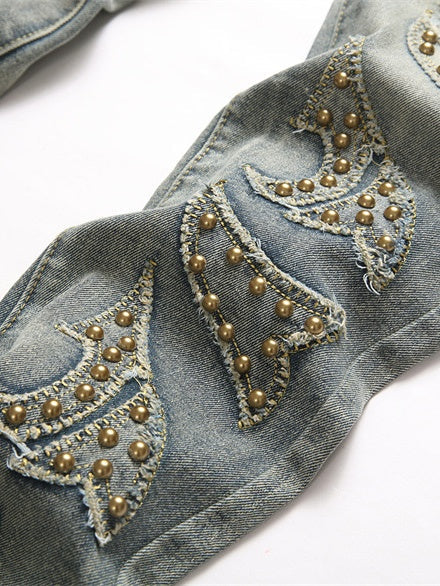 Punk Blue Slim Stretch Orange Patches Straight Flared Jeans