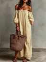 Striped Off-the-shoulder Linen Resort-style Long-sleeved Dress