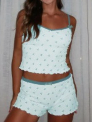 Cherry Print Suspender Shorts Pajama Set