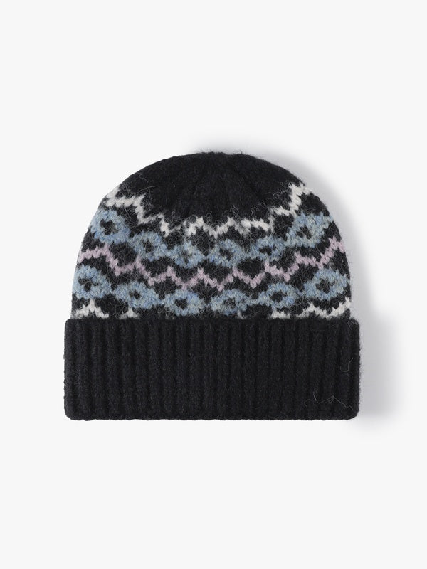 Gestreifte Jacquard-Mütze mit Umschlag, dick gestrickte Wintermütze, mit Thermofleece gefüttert, Einheitsgröße