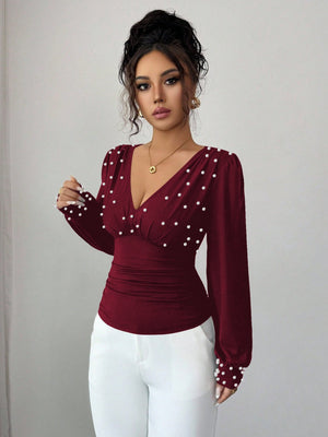 Deep V-neck Slim Fit Pearl Decoration Pleated Waist T-shirt
